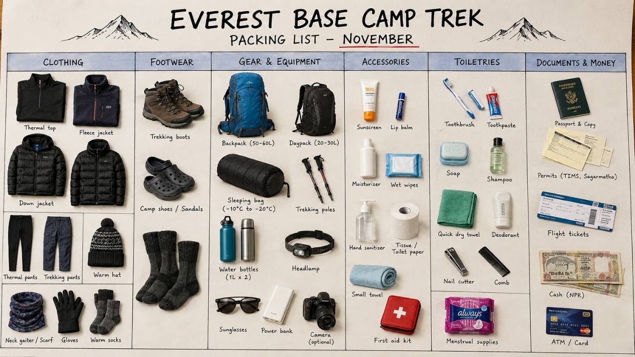 Everest Base Camp Trek Packing List in November