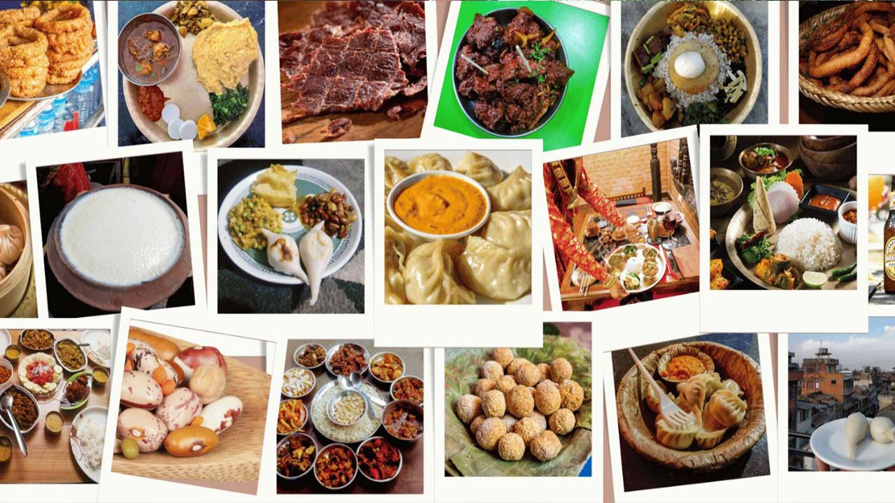 A collage of polaroid photos and images showcasing various traditional Nepalese dishes, including Dal Bhat, momos, curries, and regional specialties.