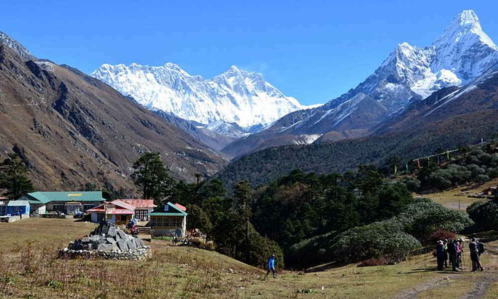 View of Himalayan mountains and trekking trails near Tengboche.