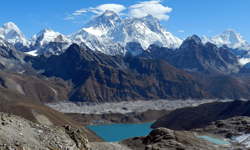 Gokyo Lake below snow-capped Himalayan peaks, viewed from Renjo La Pass in Nepal.
